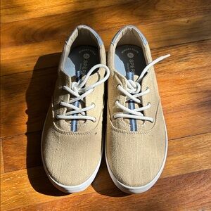Sperry Beige Canvas Shoes with White and Blue Details